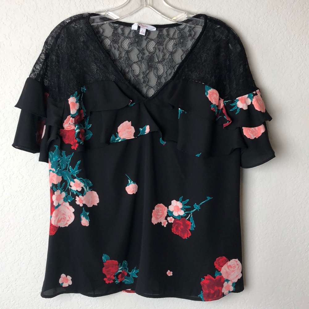 Candie’s Black Floral Lace Ruffle Top